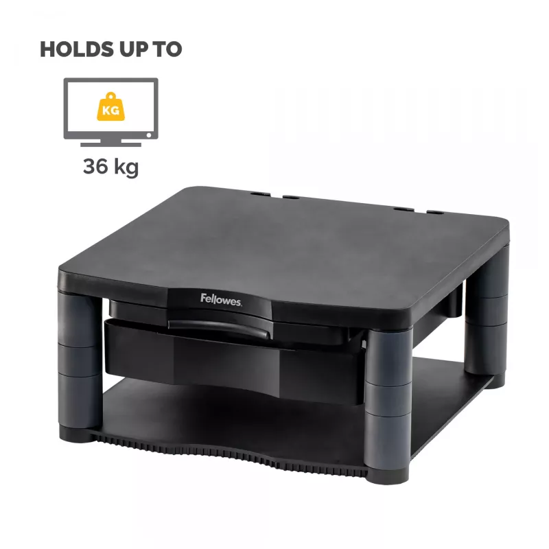 Fellowes reguliuojamas monitoriaus stovas su 3 aukščio padėtimis - Premium Monitor Riser Plus su kabelių valdymu - ergonomiškas reguliuojamas stovas kompiuteriams - maks. svoris 36 kg/maks. dydis 21 colis - grafitas