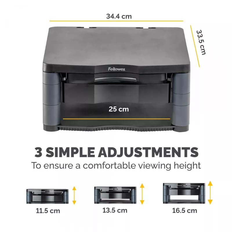 Fellowes reguliuojamas monitoriaus stovas su 3 aukščio padėtimis - Premium Monitor Riser Plus su kabelių valdymu - ergonomiškas reguliuojamas stovas kompiuteriams - maks. svoris 36 kg/maks. dydis 21 colis - grafitas