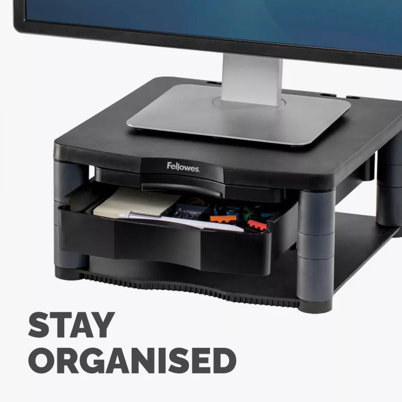 Fellowes reguliuojamas monitoriaus stovas su 3 aukščio padėtimis - Premium Monitor Riser Plus su kabelių valdymu - ergonomiškas reguliuojamas stovas kompiuteriams - maks. svoris 36 kg/maks. dydis 21 colis - grafitas