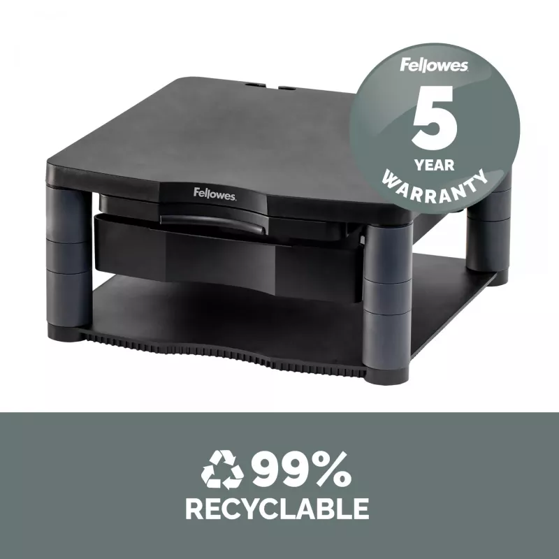 Fellowes reguliuojamas monitoriaus stovas su 3 aukščio padėtimis - Premium Monitor Riser Plus su kabelių valdymu - ergonomiškas reguliuojamas stovas kompiuteriams - maks. svoris 36 kg/maks. dydis 21 colis - grafitas