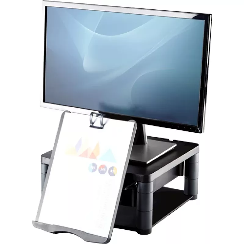 Fellowes reguliuojamas monitoriaus stovas su 3 aukščio padėtimis - Premium Monitor Riser Plus su kabelių valdymu - ergonomiškas reguliuojamas stovas kompiuteriams - maks. svoris 36 kg/maks. dydis 21 colis - grafitas