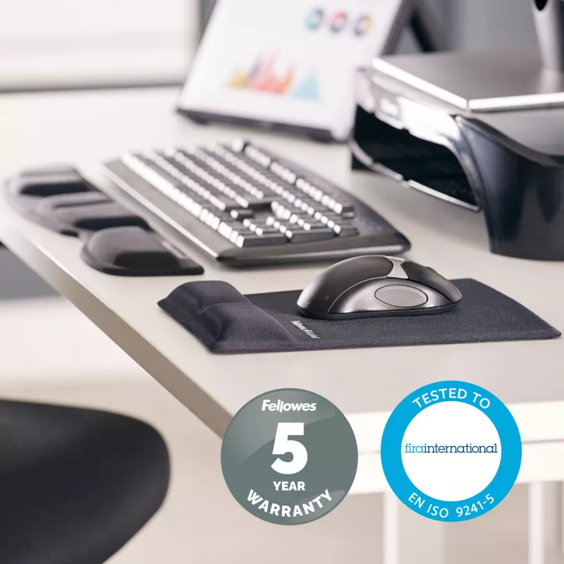 Fellowes klaviatūros riešo atrama Health-V su antibakterine apsauga – ergonomiška riešo atrama kompiuteriui, nešiojamam kompiuteriui, darbui namuose – juoda