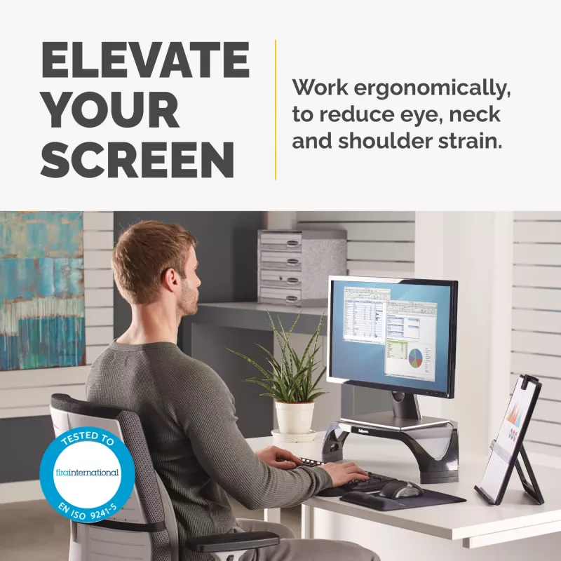 Fellowes kompiuterio monitoriaus stovas su 3 aukščio reguliavimais - Smart Suites monitoriaus pakėlimas - ergonomiškas reguliuojamas monitoriaus stovas - maks. svoris 10 kg / maks. dydis 21 colis - juodas
