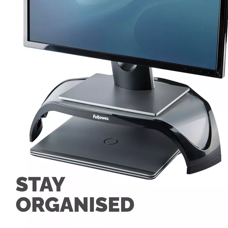 Fellowes kompiuterio monitoriaus stovas su 3 aukščio reguliavimais - Smart Suites monitoriaus pakėlimas - ergonomiškas reguliuojamas monitoriaus stovas - maks. svoris 10 kg / maks. dydis 21 colis - juodas
