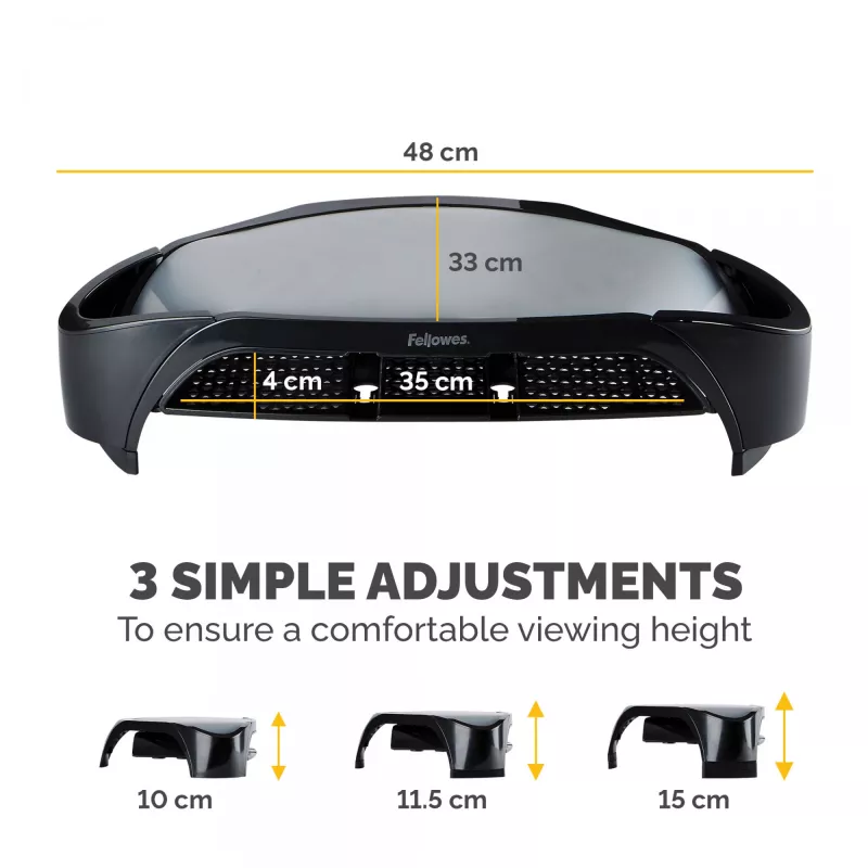 Fellowes reguliuojamas monitoriaus stovas Smart Suites Monitor Riser Plus, 3 aukščio padėtys, iki 10 kg, iki 21 colių, juodas