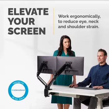Fellowes Platinum Series Dvigubas monitoriaus laikiklis – dviejų ekranų tvirtinimas prie stalo, 8 kg, 40 colių, reguliuojamas, pasvirimas 45°, pasukimas 180°, sukimas 360°, VESA 75x75/100x100, juodas