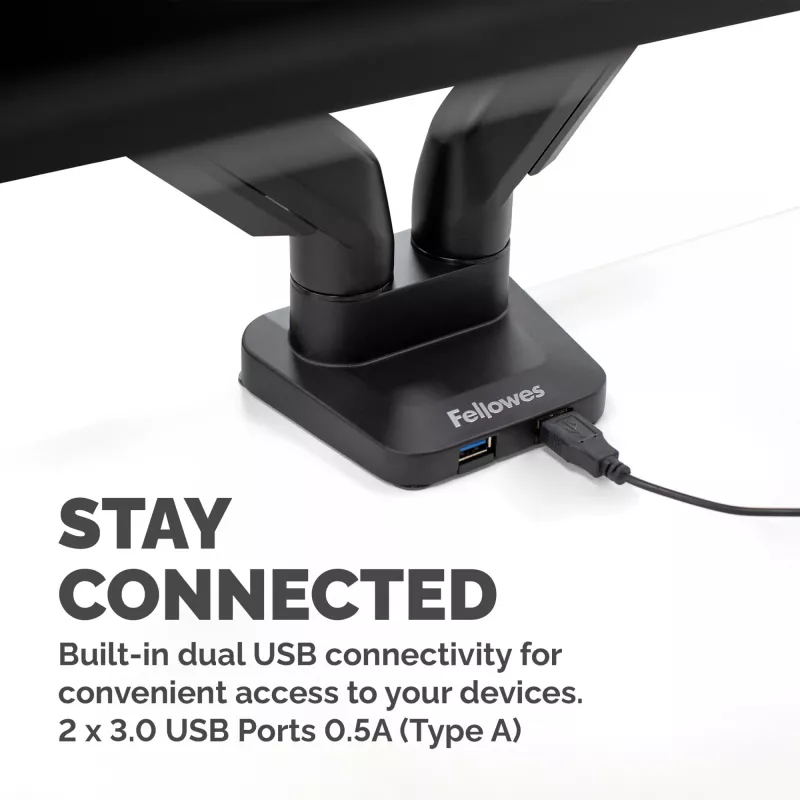 Fellowes Platinum Series Dvigubas monitoriaus laikiklis – dviejų ekranų tvirtinimas prie stalo, 8 kg, 40 colių, reguliuojamas, pasvirimas 45°, pasukimas 180°, sukimas 360°, VESA 75x75/100x100, juodas