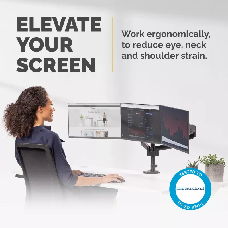 Fellowes Platinum Series trijų monitorų laikiklis - trijų ekranų stovas darbalaukiui, 7 kg, 27 col., VESA 75x75/100x100, juodas