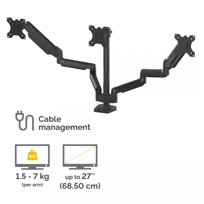 Fellowes Platinum Series trijų monitorų laikiklis - trijų ekranų stovas darbalaukiui, 7 kg, 27 col., VESA 75x75/100x100, juodas