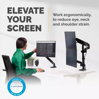 Fellowes Platinum Series dviejų monitorų laikiklis – dvigubas monitorių stovas iki 8 kg, 27 colių ekranams – reguliuojamas pakreipimas 45°, pasukimas 180°, sukimas 360°, VESA 75x75/100x100 – juodas