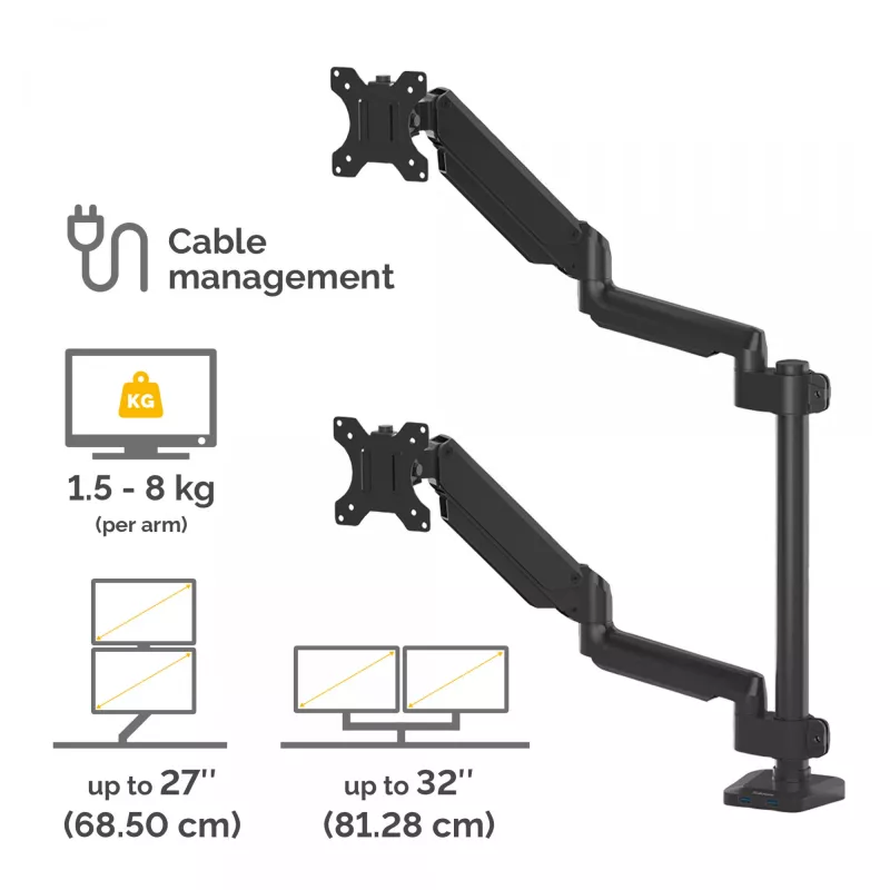Fellowes Platinum Series dviejų monitorų laikiklis – dvigubas monitorių stovas iki 8 kg, 27 colių ekranams – reguliuojamas pakreipimas 45°, pasukimas 180°, sukimas 360°, VESA 75x75/100x100 – juodas