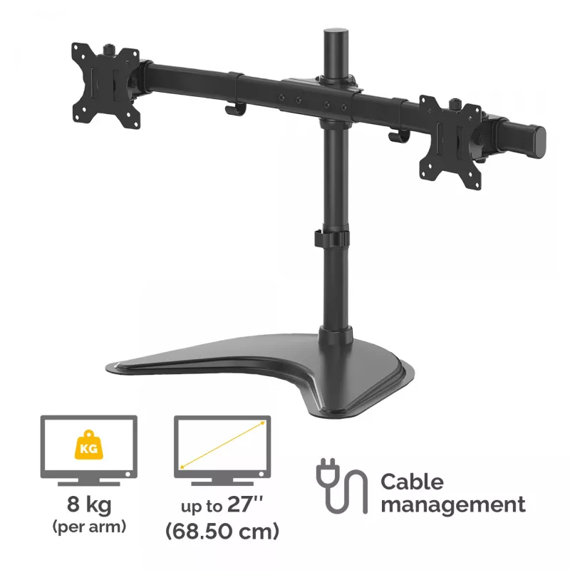 Fellowes Seasa Dvigubas Monitoriaus Laikiklis - Laisvai Pastatomas Monitoriaus Stovas 8KG 27 colių Ekranams - Ergonomiškas Reguliuojamas Monitoriaus Laikiklis - Pakreipimas 45° Pasukimas 120° Sukimas 360°, VESA 75 x 75/100 x 100 - Juodas