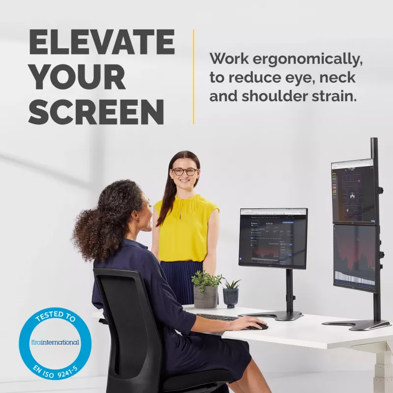 Fellowes Seasa dvigubas monitoriaus stovas – laisvai pastatomas monitoriaus laikiklis 8 kg 32 colių ekranams – ergonomiškas reguliuojamas monitoriaus laikiklis – pakreipimas 45°, pasukimas 120°, sukimas 360°, VESA 75x75/100x100 – juodas