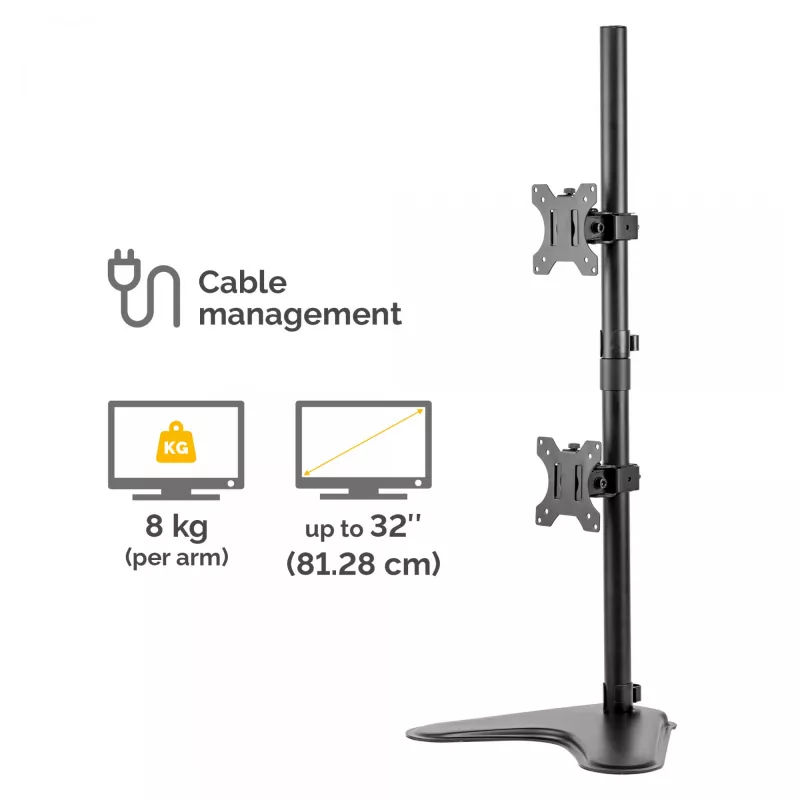 Fellowes Seasa dvigubas monitoriaus stovas – laisvai pastatomas monitoriaus laikiklis 8 kg 32 colių ekranams – ergonomiškas reguliuojamas monitoriaus laikiklis – pakreipimas 45°, pasukimas 120°, sukimas 360°, VESA 75x75/100x100 – juodas
