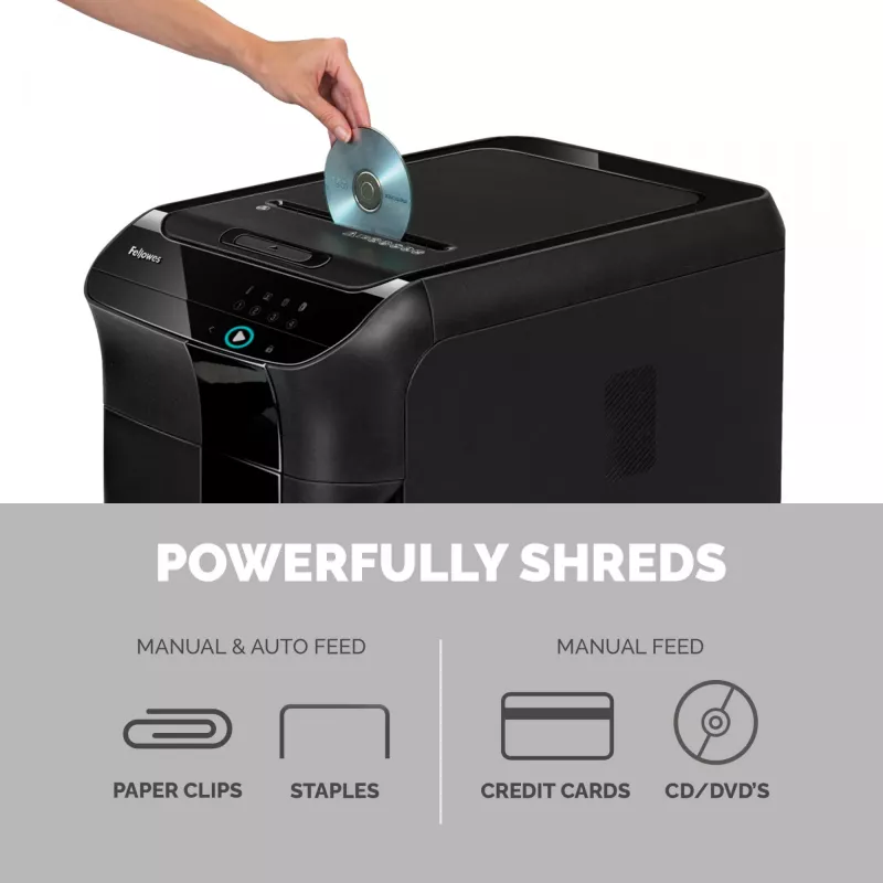 Fellowes AutoMax 350C automatinis popieriaus smulkintuvas, kryžminis pjovimas, 350 lapų automatinis padavimas, 68 l krepšelis, saugumo lygis P4