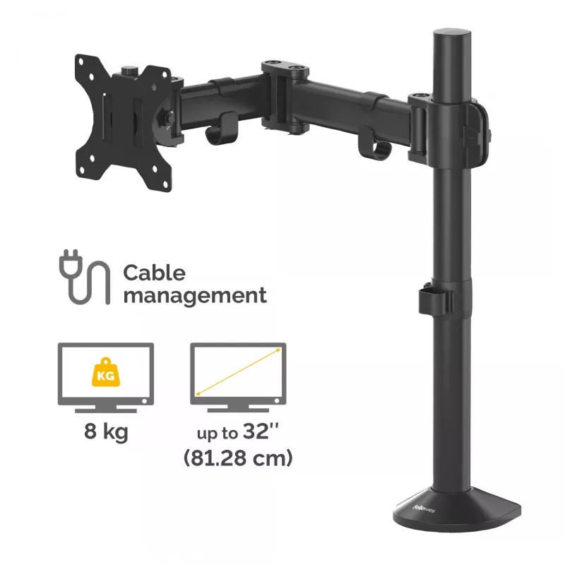 Fellowes Reflex monitor laikiklis – reguliuojamas monitoriaus stovas iki 8 kg, 32 colių ekranams, pasvirimas 45°, sukimas 180°, pasukimas 360°, VESA 75x75/100x100, juodas