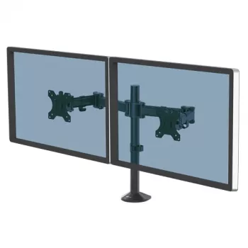 Fellowes Reflex Dvigubas Monitoriaus Laikiklis – Dviejų Ekranų Pristatymas 8 kg 27 Colių Ekranams – Reguliuojamas Monitoriaus Stovo Laikiklis – Pakreipimas 45° Pasukimas 180° Sukimas 360°, VESA 75 x 75/100 x 100 – Juodas