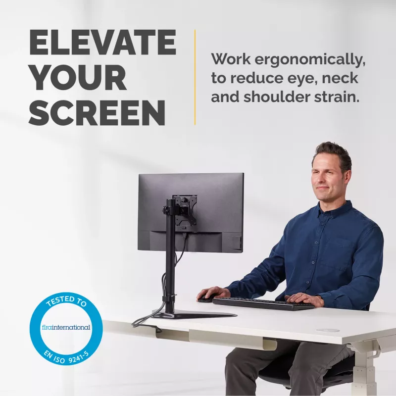 Fellowes Seasa Vieno Monitoriaus Stovas – Laisvai Pastatomas Monitoriaus Laikiklis 8 kg, 32 colių Ekranams – Ergonomiškas Reguliuojamas Monitoriaus Stovas – Pakreipimas 45°, Pasukimas 120°, Sukimas 360°, VESA 75x75/100x100 – Juodas