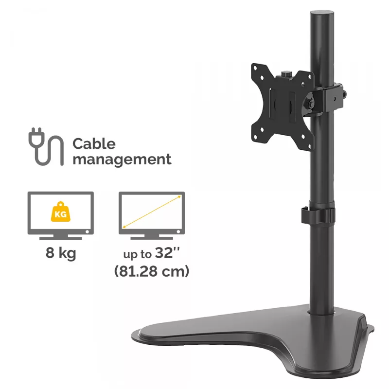 Fellowes Seasa Vieno Monitoriaus Stovas – Laisvai Pastatomas Monitoriaus Laikiklis 8 kg, 32 colių Ekranams – Ergonomiškas Reguliuojamas Monitoriaus Stovas – Pakreipimas 45°, Pasukimas 120°, Sukimas 360°, VESA 75x75/100x100 – Juodas
