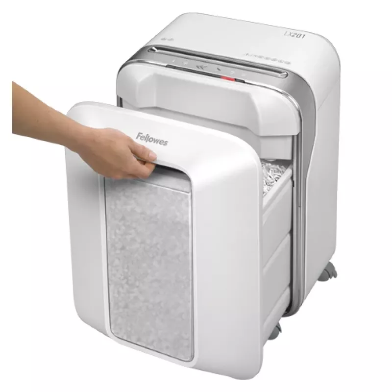 Fellowes Powershred LX201 mikro smulkinimo popieriaus smulkintuvas baltas, mikro smulkinimas, 23 cm, 2 x 12 mm, 22 l, Touch, 4 ratai