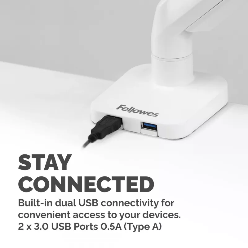 Fellowes Platinum Series monitorinis laikiklis - monitoriaus stovas 8 kg, iki 40 colių ekranams - reguliuojamas stalinis laikiklis - pakreipimas 45°, pasukimas 180°, sukimas 360°, VESA 75x75/100x100 - baltas