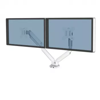 Fellowes Platinum Series dviejų monitorų laikiklis – reguliuojamas stalinis laikiklis dviem 8 kg 40 colių ekranams, posvyris 45°, pasukimas 180°, sukimas 360°, VESA 75x75/100x100, baltas