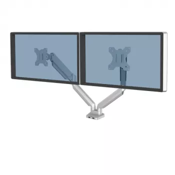 Dvigubas monitoriaus laikiklis Fellowes Platinum Series – montuojamas ant stalo, 2x8 kg, iki 40 colių, VESA 75x75/100x100, sidabrinis