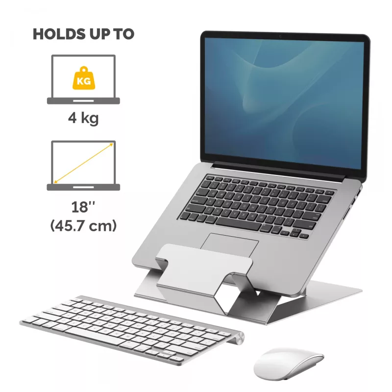 Fellowes Hylyft reguliuojamas nešiojamojo kompiuterio stovas – 6 aukščio padėtys, iki 17 colių, 5 kg, sidabrinis/juodas
