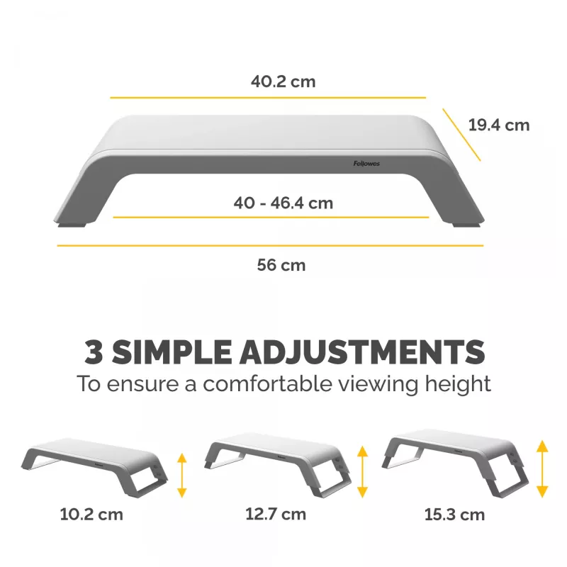 Fellowes Hana LT monitorio stovas su 3 aukščio reguliavimais – ergonomiškas reguliuojamas stovas kompiuteriui – maks. svoris 22,6 kg – baltas