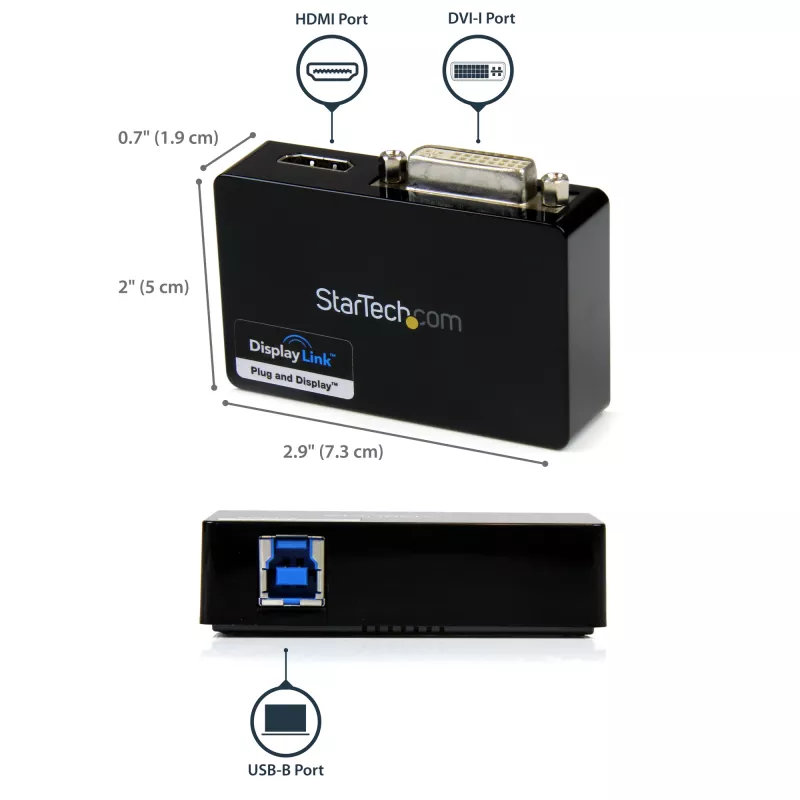 StarTech.com USB 3.0 į HDMI / DVI adapteris - 2048x1152, 3.2 Gen 1 (3.1 Gen 1), USB Type-B, DVI išvestis, HDMI išvestis