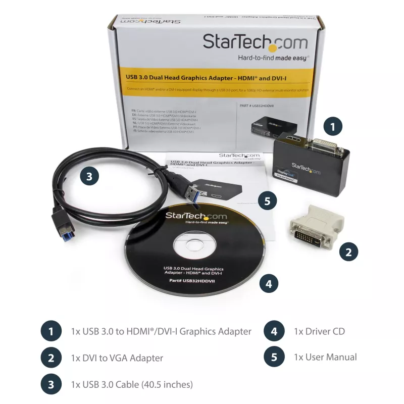 StarTech.com USB 3.0 į HDMI / DVI adapteris - 2048x1152, 3.2 Gen 1 (3.1 Gen 1), USB Type-B, DVI išvestis, HDMI išvestis