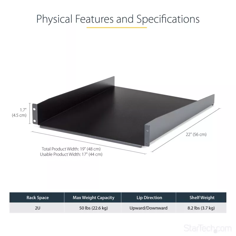 StarTech.com CABSHELF22 2U fiksuota lentyna serverio stovui – 22 colių gylio, juoda