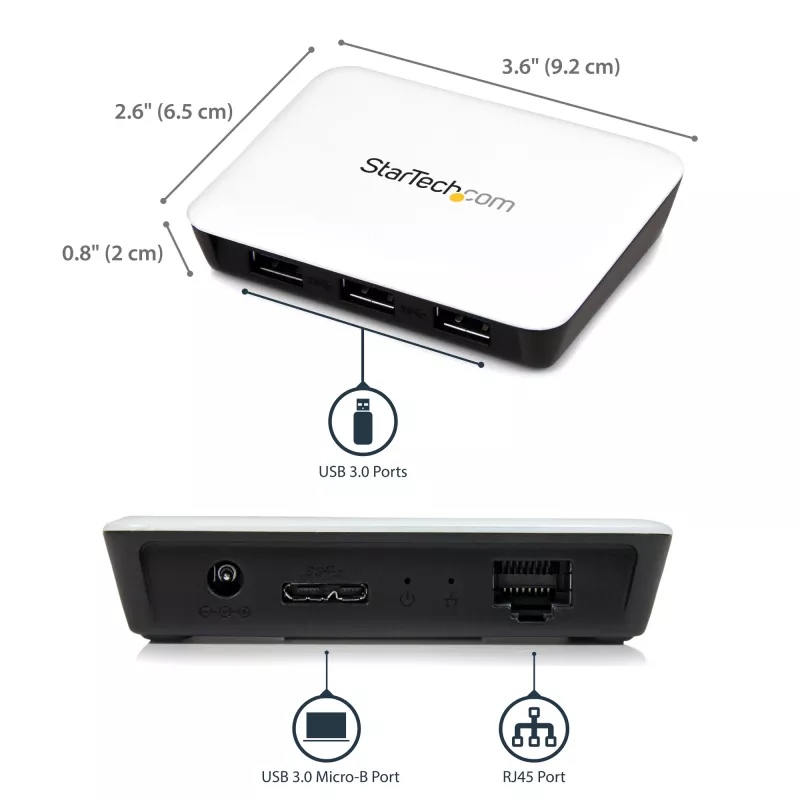 StarTech.com USB 3.0 į Gigabit Ethernet tinklo adapteris su 3 prievadų USB centru - Baltas
