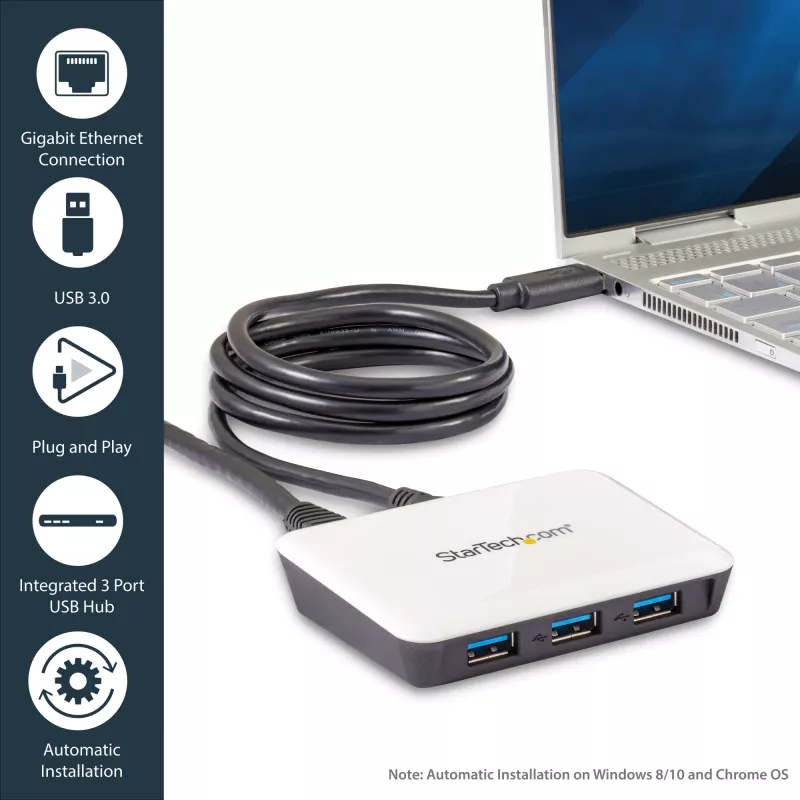 StarTech.com USB 3.0 į Gigabit Ethernet tinklo adapteris su 3 prievadų USB centru - Baltas