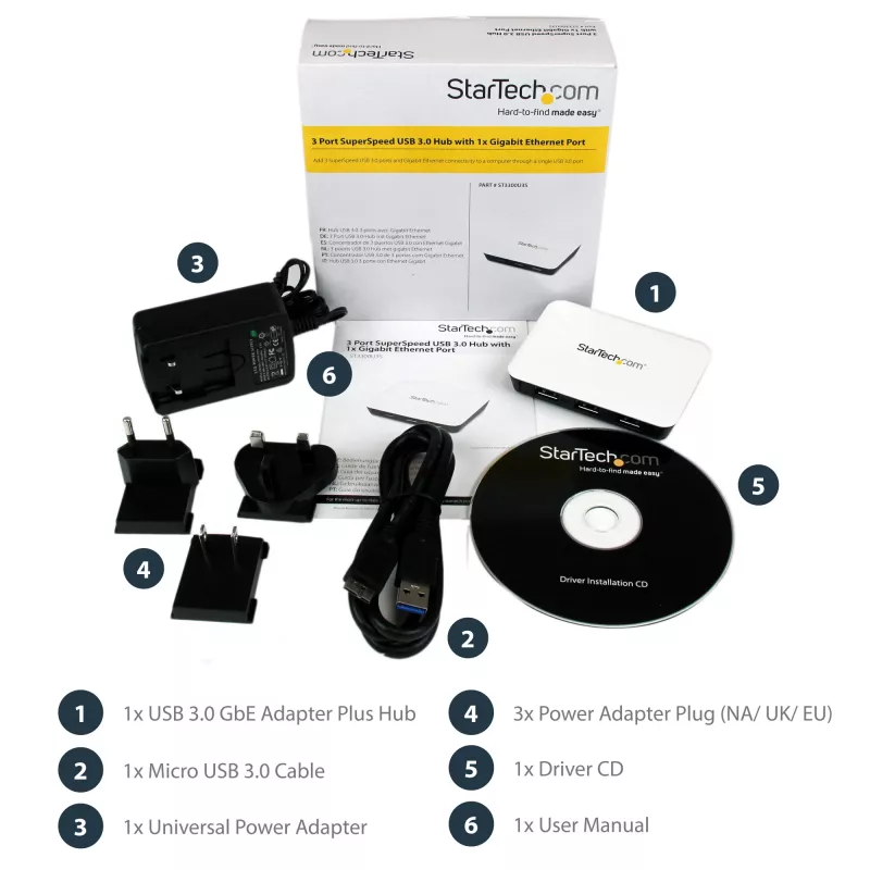 StarTech.com USB 3.0 į Gigabit Ethernet tinklo adapteris su 3 prievadų USB centru - Baltas