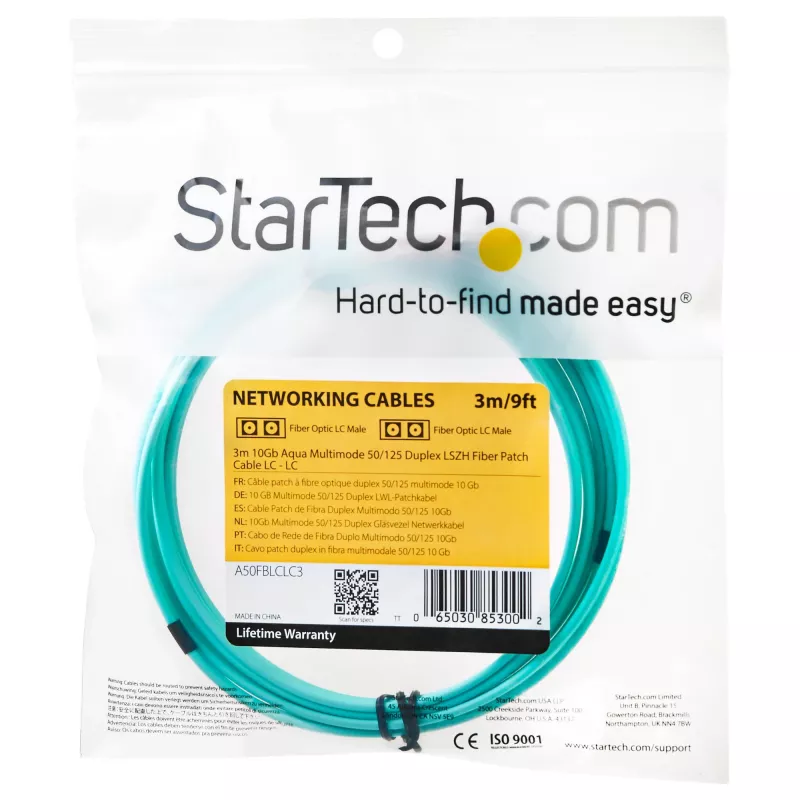 StarTech.com 3 m (10 pėdų) LC/UPC į LC/UPC OM3 daugiamodis šviesolaidinis kabelis, pilnas dupleksas 50/125 µm, 100G, maži įterpimo nuostoliai, LSZH šviesolaidinis trumpiklis