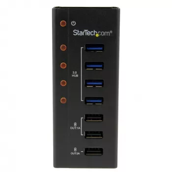 StarTech.com 4 prievadų USB 3.0 šakotuvas su 3 USB įkrovimo prievadais (2 x 1A ir 1 x 2A) – montuojamas ant sienos metaliniame korpuse