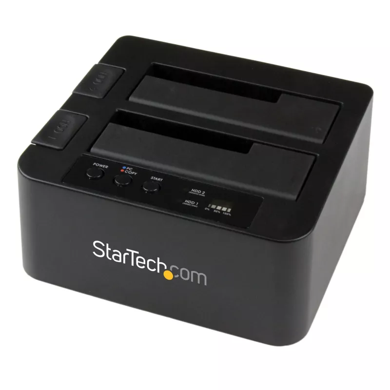 StarTech.com Dviejų lizdų kietojo disko kopijavimo stotelė, USB 3.0 (5 Gbps) / eSATA į 2,5/3,5 colio SATA III HDD/SSD klonavimo / kopijavimo įrenginys, kietojo disko dokas