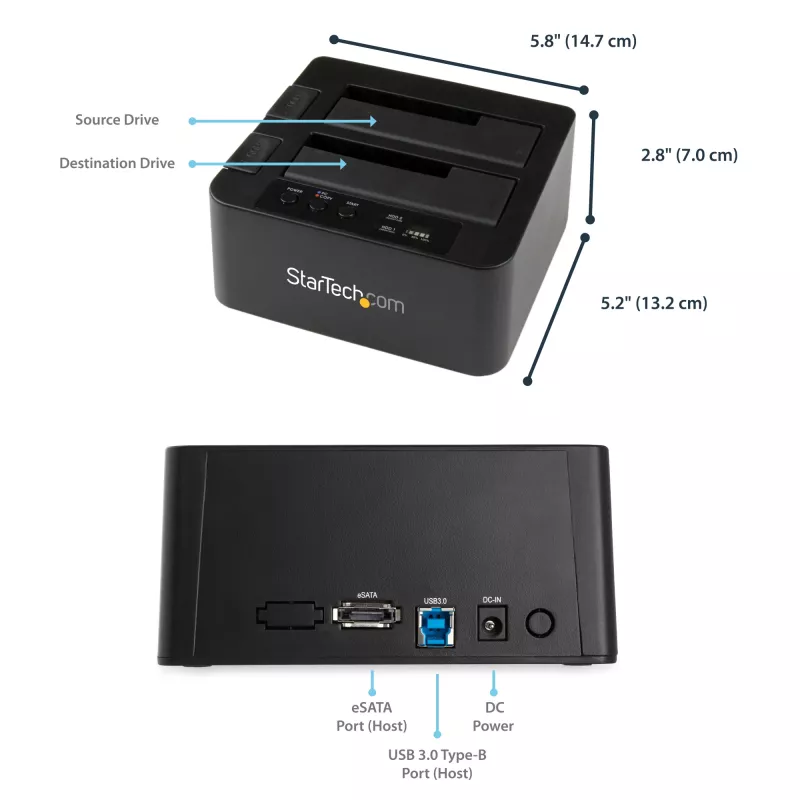 StarTech.com Dviejų lizdų kietojo disko kopijavimo stotelė, USB 3.0 (5 Gbps) / eSATA į 2,5/3,5 colio SATA III HDD/SSD klonavimo / kopijavimo įrenginys, kietojo disko dokas