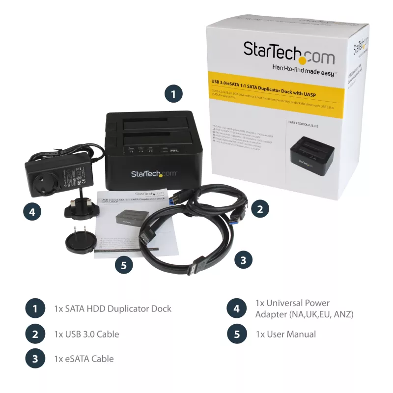 StarTech.com Dviejų lizdų kietojo disko kopijavimo stotelė, USB 3.0 (5 Gbps) / eSATA į 2,5/3,5 colio SATA III HDD/SSD klonavimo / kopijavimo įrenginys, kietojo disko dokas