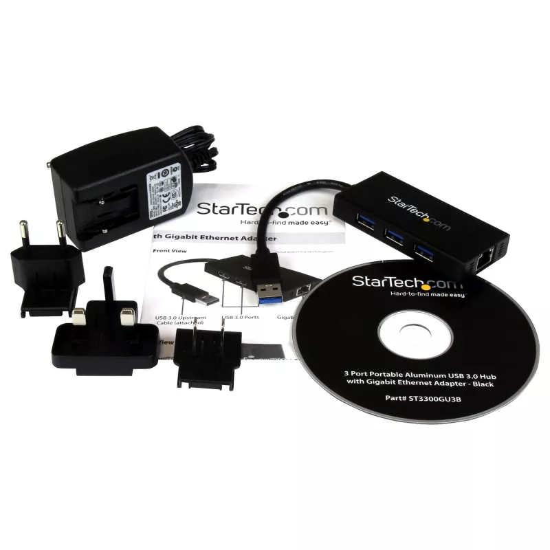 „StarTech.com“ 3 prievadų nešiojamas USB 3.0 šakotuvas su Gigabit Ethernet – aliuminis su įmontuotu kabeliu