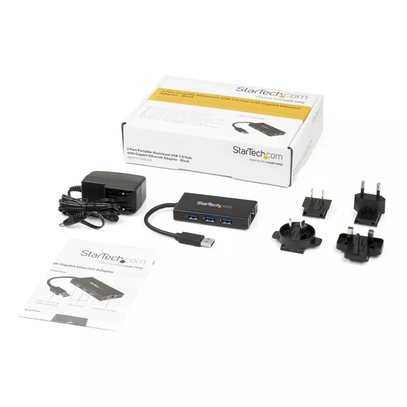 „StarTech.com“ 3 prievadų nešiojamas USB 3.0 šakotuvas su Gigabit Ethernet – aliuminis su įmontuotu kabeliu