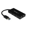 „StarTech.com“ 3 prievadų nešiojamas USB 3.0 šakotuvas su Gigabit Ethernet – aliuminis su įmontuotu kabeliu