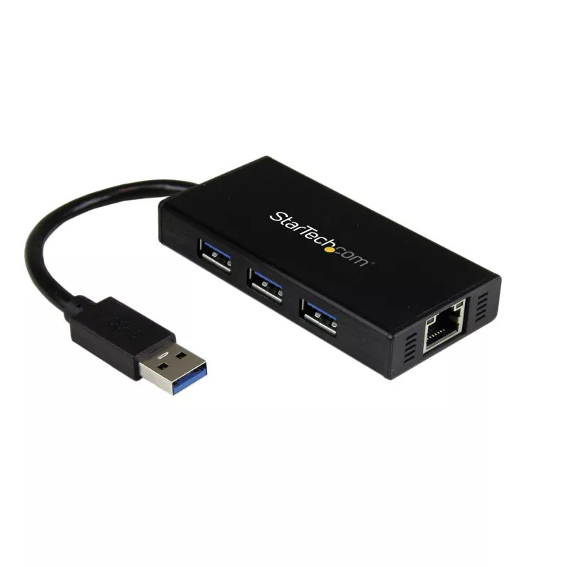 „StarTech.com“ 3 prievadų nešiojamas USB 3.0 šakotuvas su Gigabit Ethernet – aliuminis su įmontuotu kabeliu