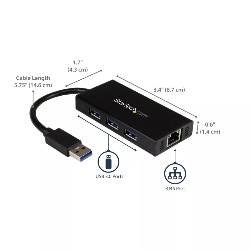 „StarTech.com“ 3 prievadų nešiojamas USB 3.0 šakotuvas su Gigabit Ethernet – aliuminis su įmontuotu kabeliu