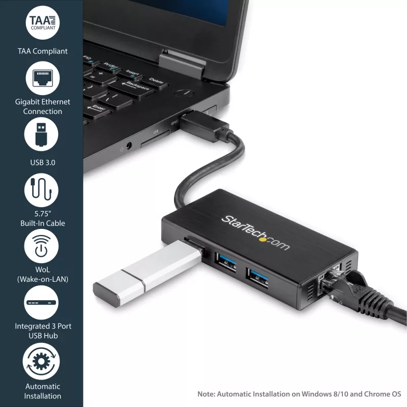 „StarTech.com“ 3 prievadų nešiojamas USB 3.0 šakotuvas su Gigabit Ethernet – aliuminis su įmontuotu kabeliu