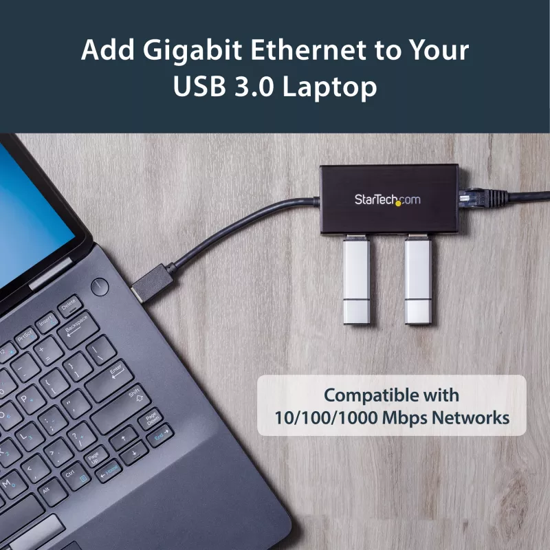 „StarTech.com“ 3 prievadų nešiojamas USB 3.0 šakotuvas su Gigabit Ethernet – aliuminis su įmontuotu kabeliu