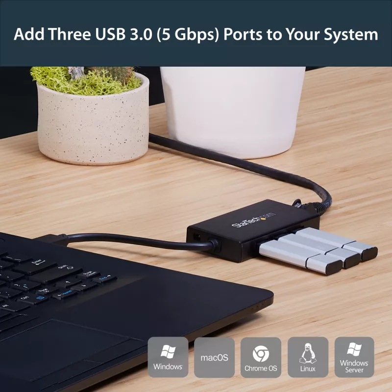 „StarTech.com“ 3 prievadų nešiojamas USB 3.0 šakotuvas su Gigabit Ethernet – aliuminis su įmontuotu kabeliu