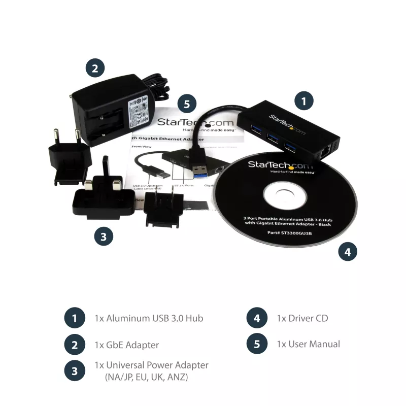„StarTech.com“ 3 prievadų nešiojamas USB 3.0 šakotuvas su Gigabit Ethernet – aliuminis su įmontuotu kabeliu