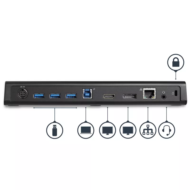 StarTech.com USB 3.0 dokavimo stotelė su dviem monitoriais, HDMI ir 4K DisplayPort – USB 3.0 į 4x USB-A, Ethernet, HDMI ir DP – universali USB Type A dokavimo stotelė, skirta „Mac“ ir „Windows“